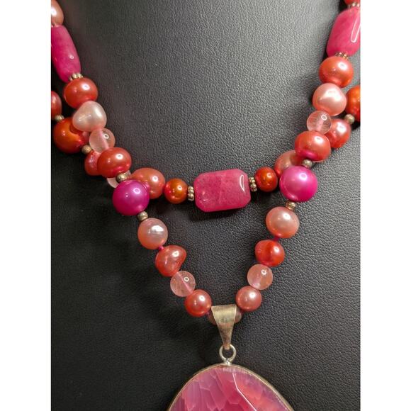 Double Strand Multi-Color Pearl Fuchsia Pink Rhodochrosite Pendant Necklace - Picture 2 of 11